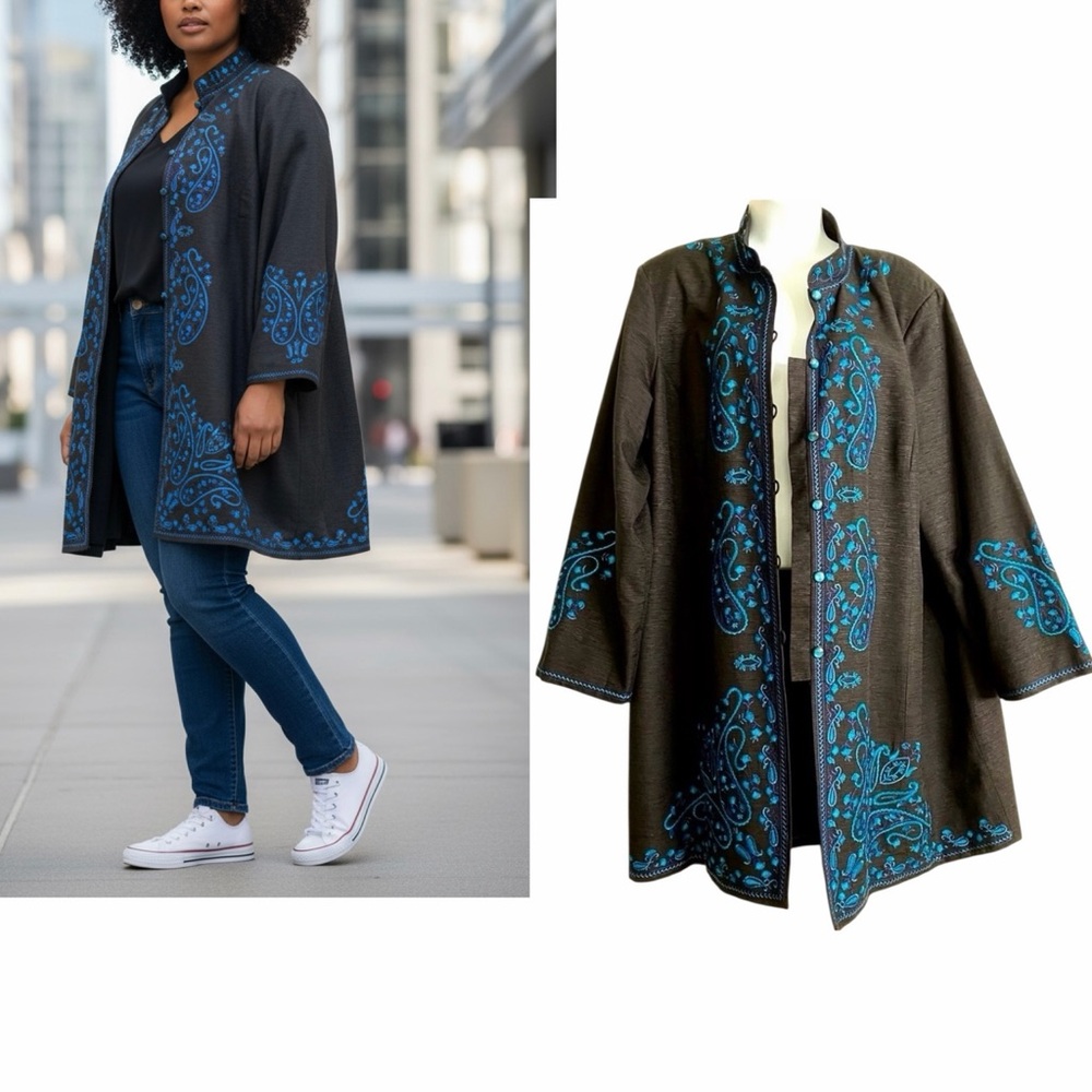 Silk Land Woman Black Silk Longline Blazer Jacket Size 1X Embroidered Tunic